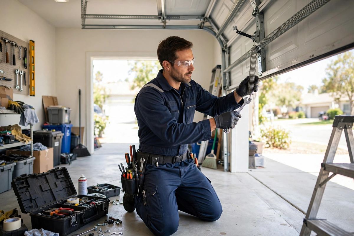 Technician servicing a garage door in Oakland Park, Florida